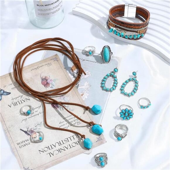 12 Pieces Leather Western Jewelry Set for Women Bohemian Costume Jewels - Picture 2 of 8